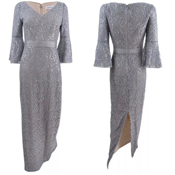 Calvin Klein Sequined Lace Bell Sleeve Long Dress - Picture 7 of 8